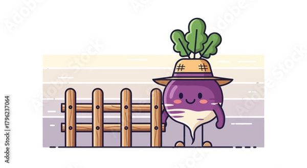 Obraz Charming Animated Turnip Character and Wooden Fence in Garden-Themed Illustration Design