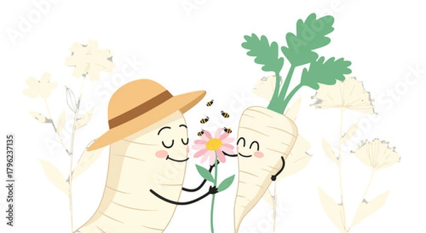 Obraz Charming Animated Vegetables Sharing A Flower, Surrounded By Sweet Bees With Joy