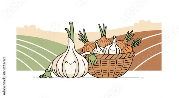 Obraz Charming Animated Vegetables Resting Beside Fields in a Delightful Vector Illustration