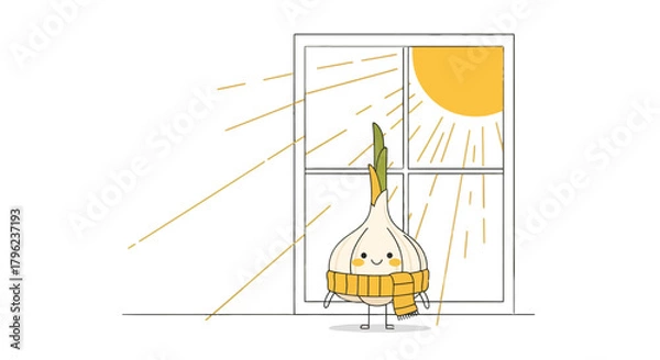 Obraz Charming Garlic Bulb Character Enjoys Sunny Day Behind the Window and Embraces Bright Light