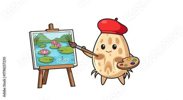 Obraz Charming Mushroom Artist Painting Lotus Flowers On Canvas With Artistic Flair