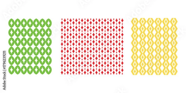 Obraz Collection of Three Seamless Geometric Patterns: Green Rings, Red Diamonds, and Yellow Oval Shapes on White Background