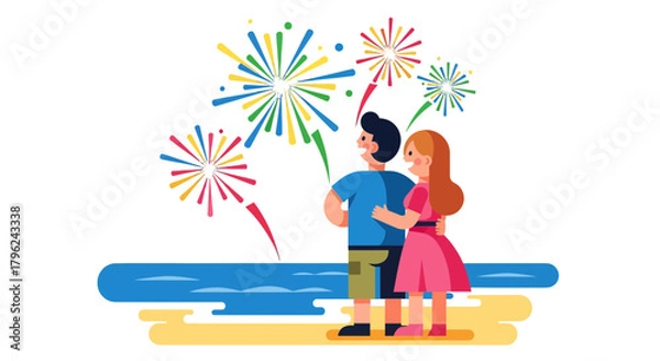 Fototapeta Couple Watching Fireworks Display On The Beach During a Celebratory Event
