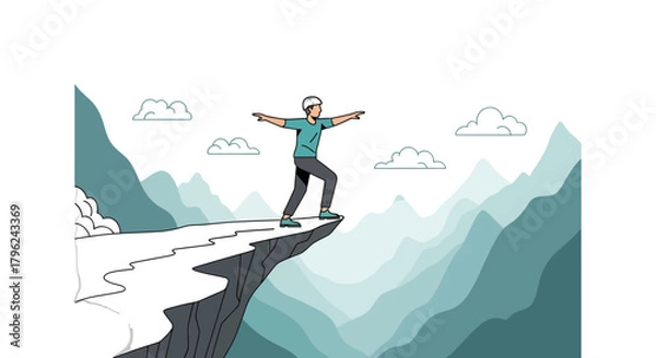 Fototapeta Courageous Person Balancing on Cliff Edge, Overlooking Majestic Mountain Range