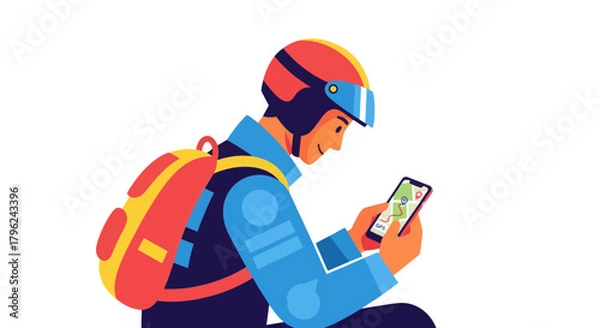 Fototapeta Courier Using Navigation on Smartphone for Package Delivery Against a Black Background