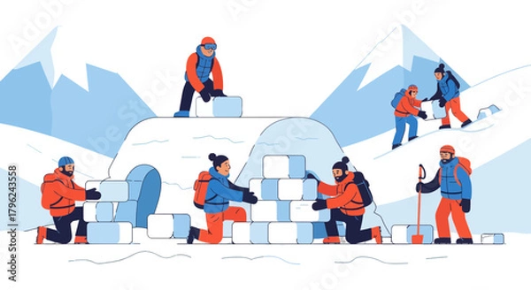 Fototapeta Creating An Igloo In An Arctic Environment Depicts Teamwork And Winter Adventure