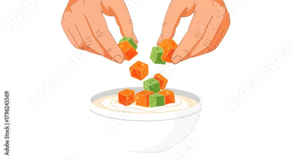 Fototapeta Creative Arrangement of Cubed Elements Being Added Into a Bowl for Culinary Delight