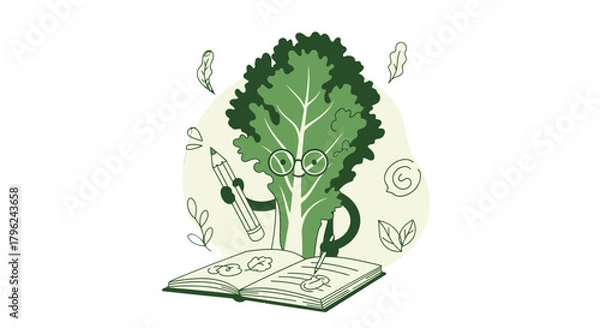 Fototapeta Creative Plant Character: A Literary Green With Glasses, Sketching Ideas and Plans