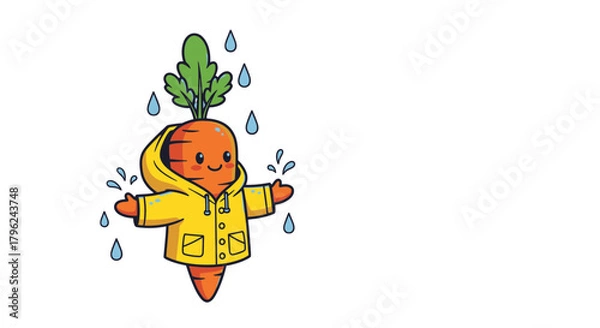 Fototapeta Cute Cartoon Carrot in Yellow Raincoat Enjoying the Rainfall Isolated on Black