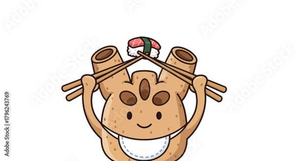 Fototapeta Cute Cartoon Character Enjoying Sushi with Chopsticks on Black Background