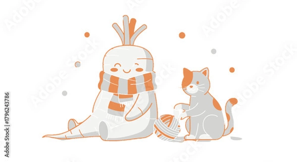 Fototapeta Cute Cartoon Cat Plays With Yarn Beside a Smiling Carrot Character Illustration
