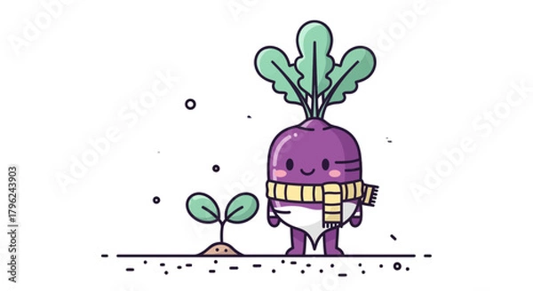 Fototapeta Cute Cartoon Vegetable With A Smiling Expression And A Young Plant Adjacent To It