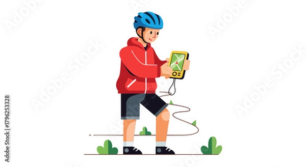 Fototapeta Cyclist Using Navigation System During Outdoor Adventure Against Black Background