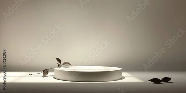 Obraz Minimalist Podium with Leafy Sprig and Shadows in a Soft, Neutral Setting
