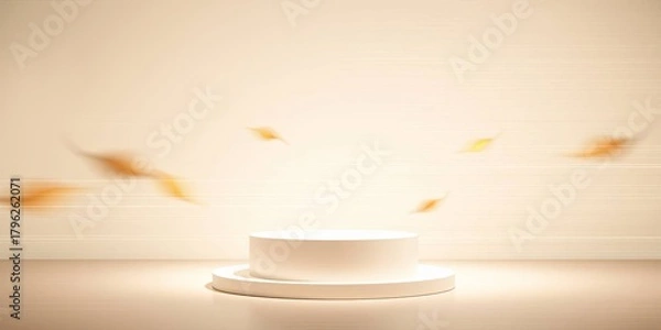 Obraz Elegant minimalist autumn product display podium with falling leaves on a clean beige background for professional presentation