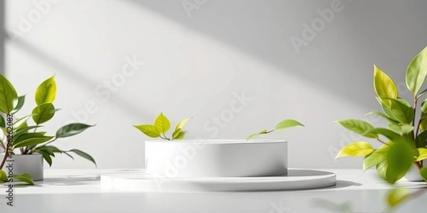 Obraz Minimalist product display scene with a white podium, green leaves, and natural light shadows on a clean white background