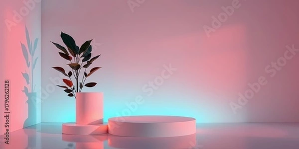 Fototapeta Abstract minimalist product display scene with podiums and plant under dramatic cinematic neon lighting
