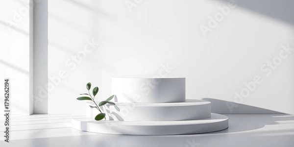 Fototapeta Minimalist White Podium with Plant and Shadows, Elegant Abstract Background