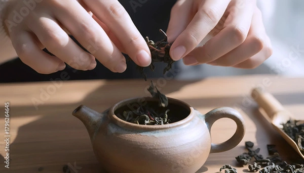 Obraz Preparing Loose Leaf Tea, Tea Brewing Process, Making Herbal Tea