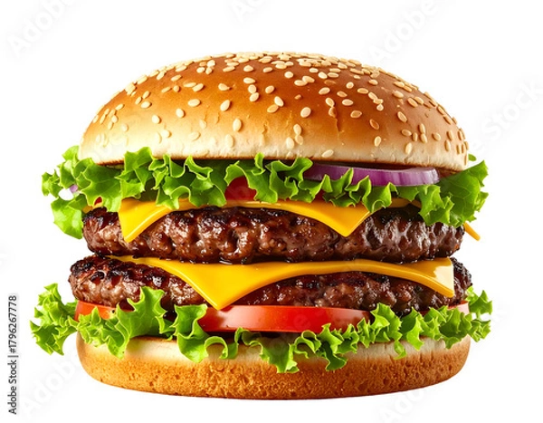 Fototapeta Double patty cheeseburger with fresh toppings and sesame seed bun