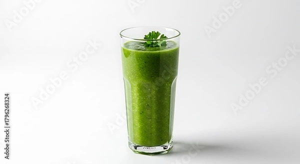 Fototapeta Refreshing Green Smoothie in Glass with Parsley Garnish on White