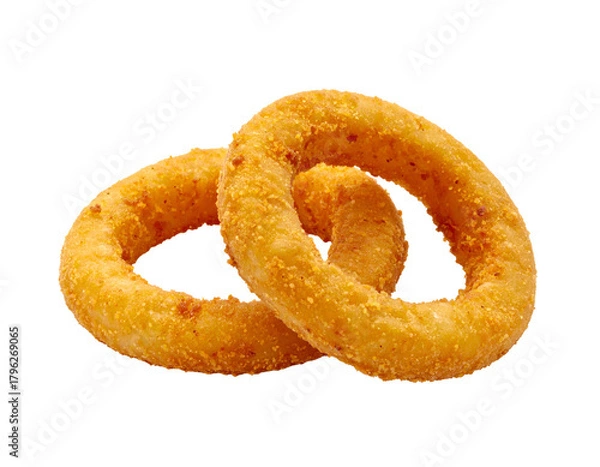 Fototapeta Golden, crispy rings of fried onion, overlapping against black