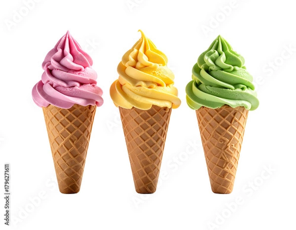 Fototapeta Three colorful swirled soft serve ice cream cones