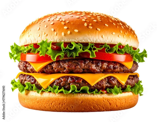 Fototapeta Stacked double cheeseburger with lettuce, tomato, and sesame seeds
