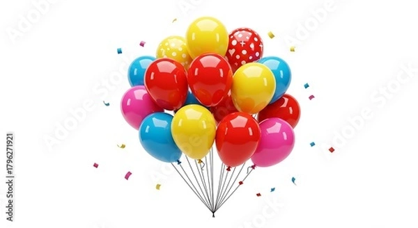 Obraz Colorful Balloons Bunch Floating with Confetti for Celebration on White Background