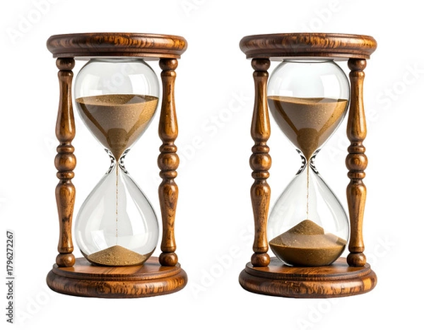 Fototapeta Two antique hourglasses with flowing sand, one nearly empty