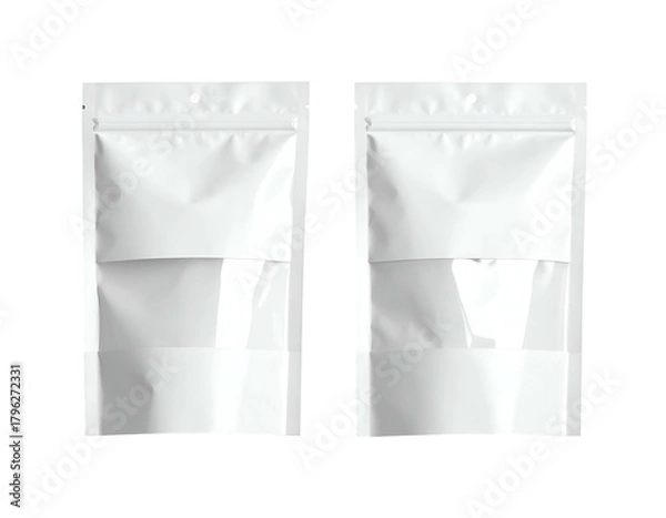 Fototapeta Two blank white resealable pouches with clear windows, isolated