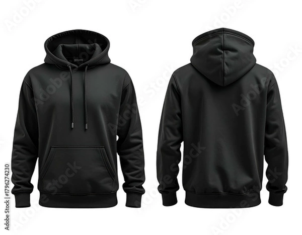 Fototapeta Two views of a black hooded sweatshirt, front and back