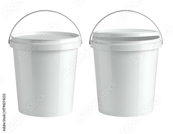 Fototapeta Two white plastic buckets with handles, one open, one closed
