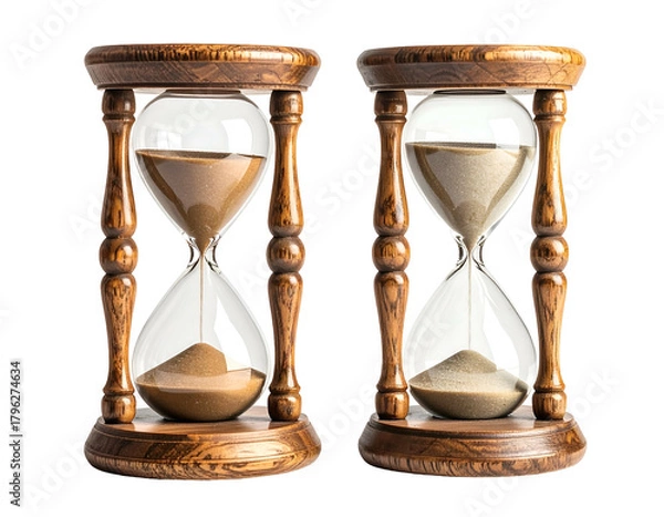Fototapeta Two wooden hourglasses with sand at different stages of flow