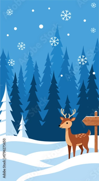 Fototapeta A winter scene featuring a deer standing near a wooden sign in a snowy forest.
