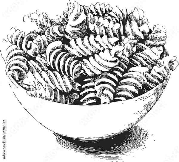 Fototapeta Fusilli pasta in bowl sketch, hand drawn line art food illustration — stock vector