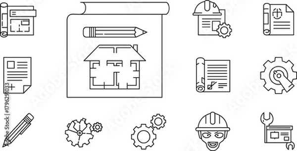 Fototapeta Engineering blueprint icons with construction tools, architecture drawings, gear symbols, planning documents, technical pencil, and hard hat design elements