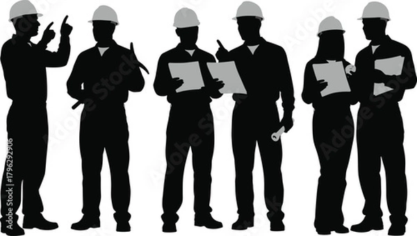 Fototapeta Silhouette construction engineers and workers reviewing documents and blueprints, discussing site plans, teamwork communication illustration for industrial project management concepts