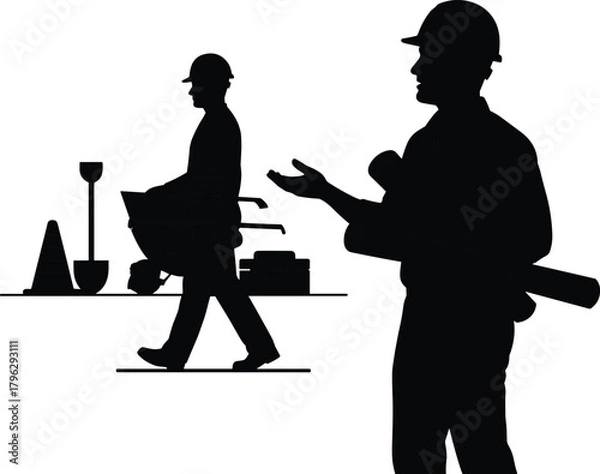 Fototapeta Silhouette construction worker pushing wheelbarrow and engineer holding blueprints, industrial labor teamwork illustration for building site, project planning and equipment use