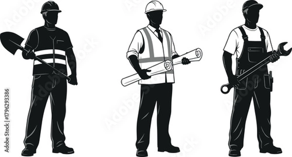 Fototapeta Silhouette construction worker with shovel, engineer holding blueprints, and mechanic with large wrench, industrial occupation illustration set for labor and engineering