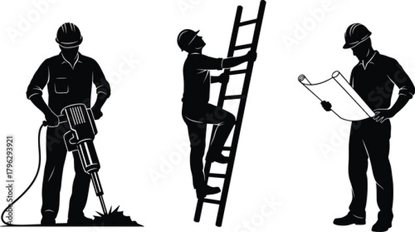 Fototapeta Silhouette construction workers drilling, climbing ladder, and reading blueprints, industrial labor illustration set, professional workforce, building engineering concept