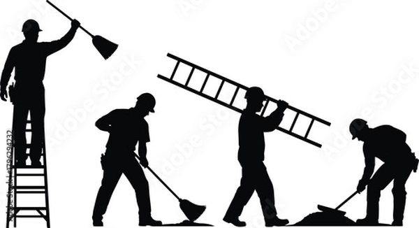 Fototapeta Silhouette construction workers sweeping, carrying ladder, standing on ladder and shoveling, industrial labor activity illustration for job site and maintenance work