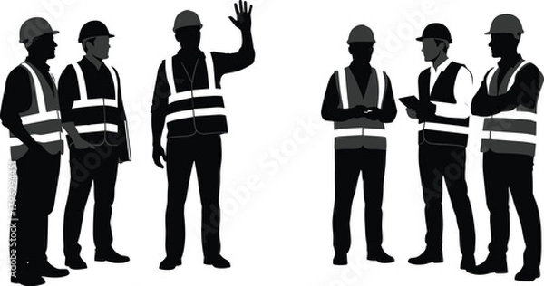 Fototapeta Silhouette construction workers wearing safety vests and helmets discussing plans on site, teamwork communication illustration set, industry workforce concept