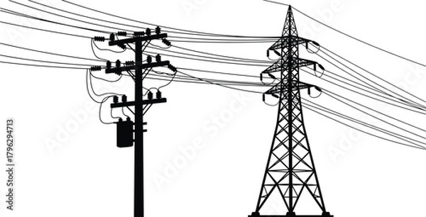 Fototapeta Silhouette electric power pole and high voltage transmission tower with cables, energy distribution illustration, utility infrastructure, electricity network concept