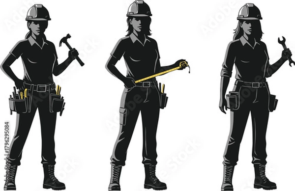 Fototapeta Silhouette female construction workers holding tools like hammer, tape measure and wrench, professional labor illustration, industry workforce, engineering craft concept