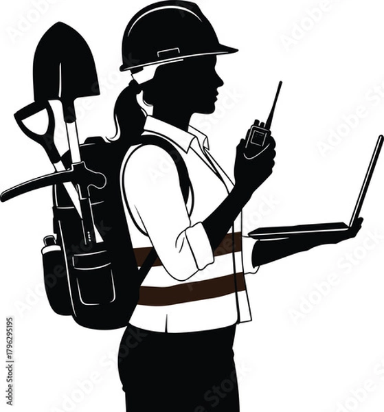 Fototapeta Silhouette female field engineer using laptop and radio, carrying backpack tools, construction technology worker illustration, professional industry equipment concept