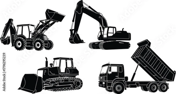 Fototapeta Silhouette heavy construction equipment set with backhoe loader, excavator, bulldozer and dump truck, industrial machinery vector for building and earthmoving