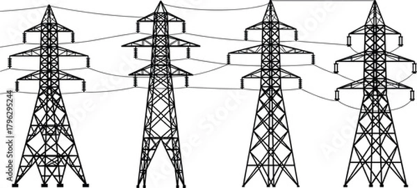 Fototapeta Silhouette high voltage transmission towers with overhead power lines, electricity distribution network illustration, energy infrastructure vector design for industrial use