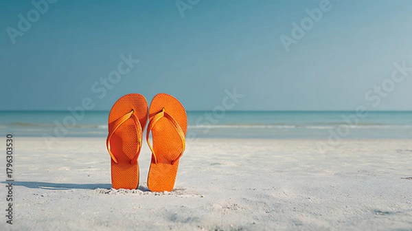 Fototapeta Bright orange flip flops resting on a sandy beach beside the ocean image