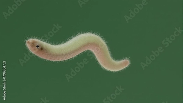 Fototapeta Close-up of a small, pale worm-like creature on a green background.